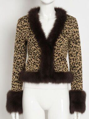 Valentino Garavani Women Brown Jacquard Animal Print Lurex Knit Jacket Size L